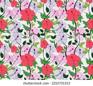 Colorful flowers and leaves vector repeat pattern on white background. 