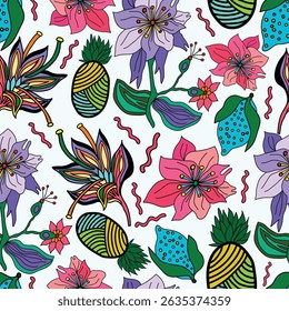 colorful flowers, lemons, pineapple spiral motif botanical colorful fantasy seamless pattern. It is good for decorations, textile, fabric, tiles and more.