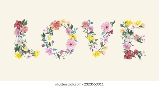 colorful flowers in love letter graphic slogan vector illustration