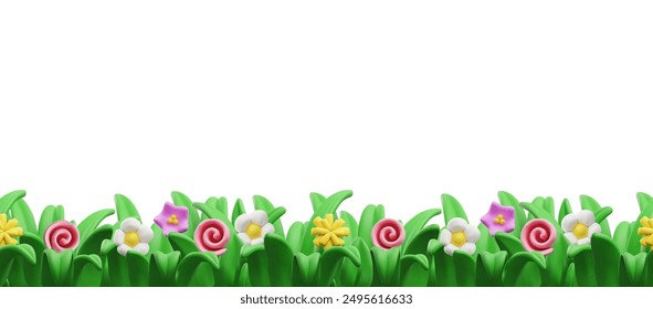 Colorful flowers and lush green grass border. Vector illustration of 3D icons featuring white, yellow, pink, and red flowers among vibrant green grass. Perfect for spring and garden themes.