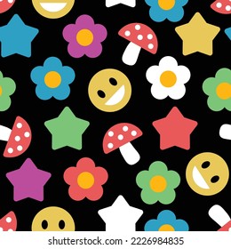 Colorful flowers and mushrooms seamless pattern, retro 60s, 70s hippie style background. Vintage psychedelic textile, fabric, wrapping, wallpaper. Vector repeating magic floral illustration