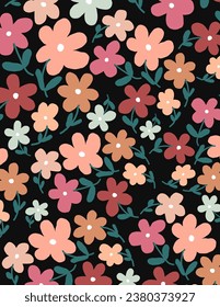 Colorful flowers on black background for web banner, business presentation, branding package, fabric print, wallpaper, social media post, doodle, notes, book covers, wall decor.