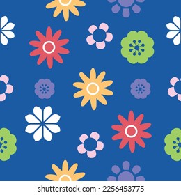 Colorful flowers on blue background. Pattern for design