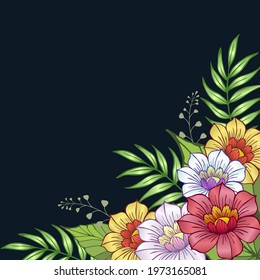 Colorful flowers on a dark background. Vector design.