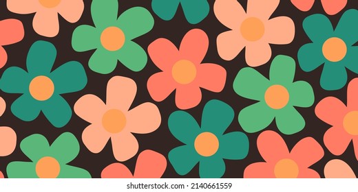 Colorful Flowers on Dark Background - Vintage Style Texture, Floral Pattern of Various Colors - Background, Design Element in Editable Vector Format