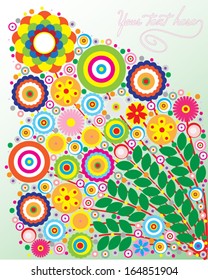 Colorful flowers on green, floral composition, card with sign