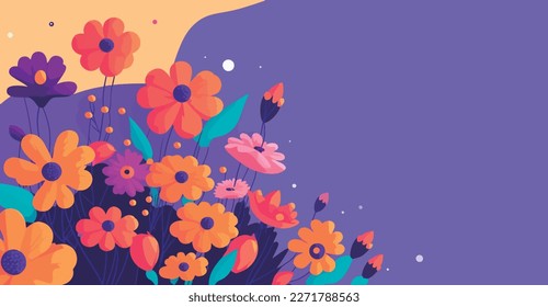 flores coloridas sobre un fondo morado, concepto de primavera, página de inicio, banner de negocios