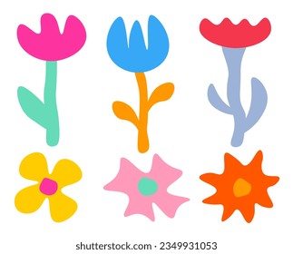 Colorful flowers on a white background. The set shows six colorful flowers of different shapes and sizes. Vector illustration has a flat, cartoon style.