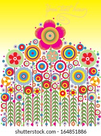 Colorful flowers on yellow, floral composition, card with sign