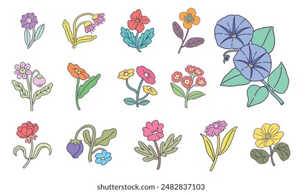 Colorful Flowers outline cartoon drawing. Decorative flowers flat line color isolated vector object. Cute various types of flowers. Simple outline cartoon spot illustration for web design.