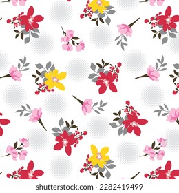 Colorful flowers pattern with circular halftone motifs