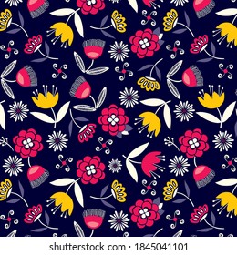Patrón de flores coloridas con hojas sobre el fondo