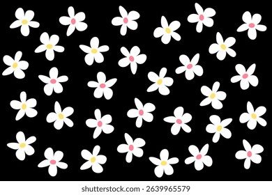 Colorful flowers pattern on black background featuring white petals and vibrant yellow centers