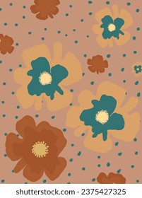 Colorful flowers pattern on brown color background. illustrations, vector aesthetic for wallpaper, wall decor, templates covers, art prints