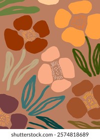 Colorful flowers pattern on brown background illustrations, vector aesthetic for wallpaper, wall decor, templates covers, art prints