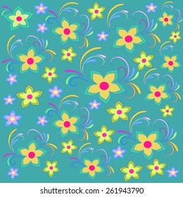 Colorful flowers pattern, vector. Floral flower vintage, bright blue background. Flower retro pattern illustration, vector. Flowers silhouette, flower floral design, floral ornament, flowers close up.