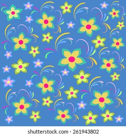Colorful flowers pattern, vector. Floral flower vintage, bright blue background. Flower retro pattern illustration, vector. Flowers silhouette, flower floral design, floral ornament, flowers close up.