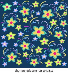 Colorful flowers pattern, vector. Floral flower vintage, bright blue background. Flower retro pattern illustration, vector. Flowers silhouette, flower floral design, floral ornament, flowers close up.