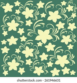 Colorful flowers pattern, vector. Floral flower vintage, bright green background. Flower retro pattern illustration, vector. Flower silhouette, flower floral design, seamless pattern, flowers close up