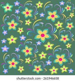 Colorful flowers pattern, vector. Floral flower vintage, bright green background. Flower retro pattern illustration, vector. Flower silhouette, flower floral design, seamless pattern, flowers close up