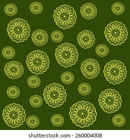 Colorful flowers pattern, vector. Flower vintage illustration on green background. Flower retro pattern illustration, vector. Flowers silhouette, flower floral design, retro vintage flower pattern.