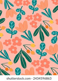 Colorful flowers patterns with green leaves on peach background for branding, fabric print, wallpaper, social media post, doodle, notes, book covers, wall decor.