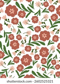 Colorful flowers patterns with leaves on white background for branding, fabric print, wallpaper, social media post, doodle, notes, book covers, wall decor.