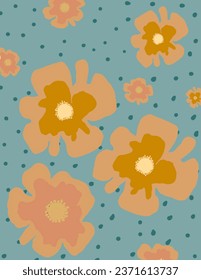 Flores de colores sobre fondo azul para banner web, paquete de marca, impresión de tela, papel pintado, publicación en medios sociales, doodle, notas, portadas, decoración de pared, plantillas