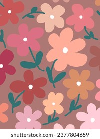 Colorful flowers patterns on brown background for web banner, business presentation, branding package, fabric print, wallpaper, social media post, doodle, notes, book covers, wall decor.