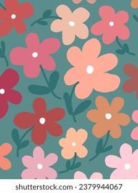 Colorful flowers patterns on green background for web banner, business presentation, branding package, fabric print, wallpaper, social media post, doodle, notes, book covers, wall decor.