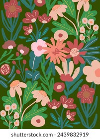 Colorful flowers patterns on green background for branding, fabric print, wallpaper, social media post, doodle, notes, book covers, wall decor.