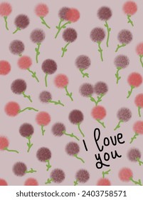 Colorful flowers patterns on pink background with lettering “i love you” for branding package, fabric print, wallpaper, social media post, doodle, notes, book covers, wall decor.