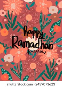 Colorful flowers patterns on red background with lettering “happy Ramadhan Kareem” for branding, fabric print, wallpaper, social media post, doodle, notes, book covers, wall decor, celebration.