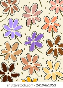 Colorful flowers patterns on yellow background for branding package, fabric print, wallpaper, social media post, doodle, notes, book covers, wall decor.