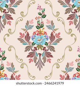 colorful flowers With patterns in a vintage Baroque style combined with Louis patterns. on a light background Seamless for digital printing, textiles, wallpapers.