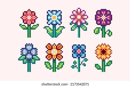 Colorful flowers pixel art set. Floweret, floret collection. 8 bit sprite. Game development, mobile app.  Isolated vector illustration.