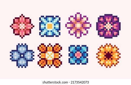 Colorful flowers pixel art set. Floweret, floret collection. 8 bit sprite. Game development, mobile app.  Isolated vector illustration.