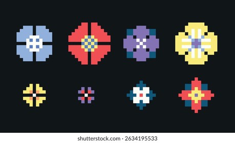 Colorful flowers pixel art set. Floweret, floret collection. 8 bit sprite. Game development, mobile app. Isolated vector illustration.	
