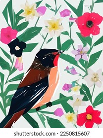Colorful flowers, plants and leaves. Vector illustrations of flower and bird for classic floral background, wedding invitations and frame