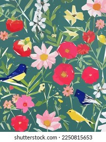 Colorful flowers, plants and leaves. Vector illustrations of flower and bird for classic floral background, wedding invitations and frame