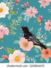 Colorful flowers, plants and leaves. Vector illustrations of flower and bird for classic floral background, wedding invitations and frame