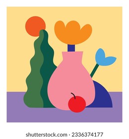 Colorful flowers and plants on vase hand drawn vector illustration. Floral art design collection.