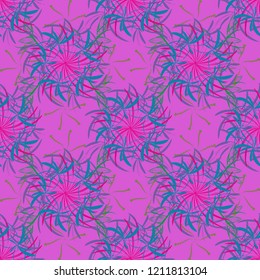 Colorful flowers with plumage in blue, magenta and violet colors. Vector seamless background pattern.