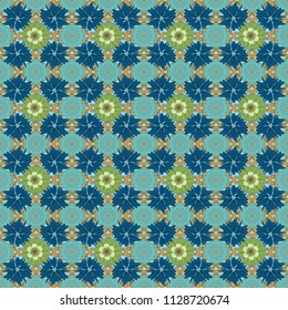 Colorful flowers with plumage in green, blue and brown colors. Vector seamless background pattern.