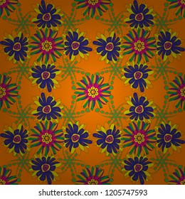 Colorful flowers with plumage in violet, orange and yellow colors. Vector seamless background pattern.