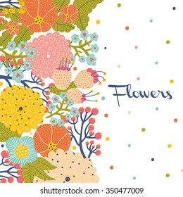 Postal de flores coloridas. Vector.