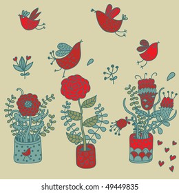 Colorful flowers in pots and cartoon flying birds