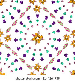 colorful flowers ripples with diagonally aligned vibrant leaves on white background seamless pattern