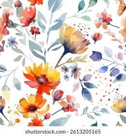 Colorful flowers seamless background. hand drawing. Not AI, Vector illustration.