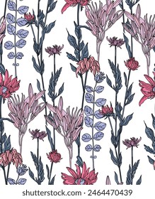 Colorful flowers seamless pattern on white background for wrapping paper, print wallpaper and textile